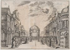 A large gathering of people in the street as a goddess races across the sky in a chariot l..., 1674. Creator: Mathäus Küsel.