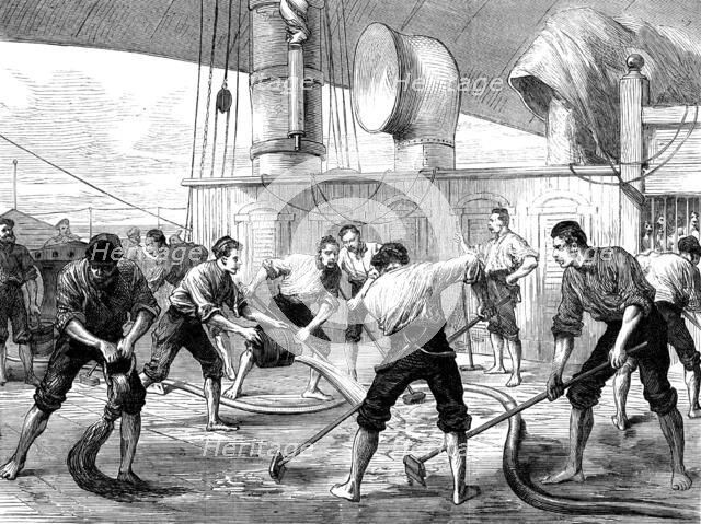Life on board a troop-ship: washing the decks, 1873. Creator: Unknown.