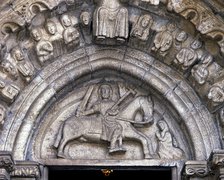 Detail of the tympanum with the image of Santiago on horseback at the Church of Santiago in Betan…