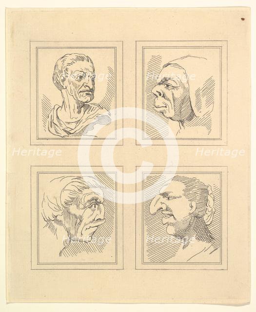 Four Heads (from Characaturas by Leonardo da Vinci, from Drawings by Wincelslaus Hollar, o..., 1786. Creator: Unknown.