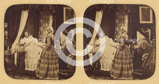 Genre scene: two women in a bedroom, one in bed, 1855-1860. Creator: Unknown.