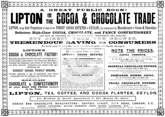 Advertisement for Lipton's Cocoa & Chocolate, 1895. Creator: Unknown.
