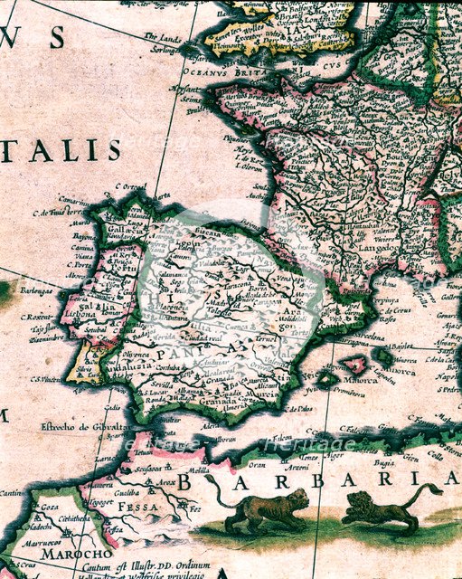 Spain and Africa, colored engraving from the book 'Le Theatre du monde' or 'Nouvel Atlas', 1645, …