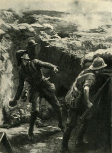 Lieutenant Forshaw throwing bombs continuously, Gallipoli, First World War, 1915, (c1920). Creator: Philip Dadd.