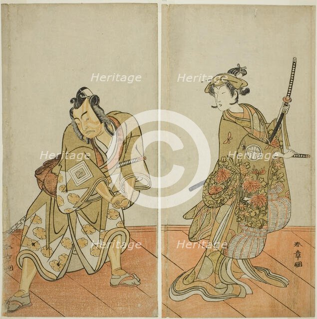 The Actors Segawa Kikunojo III as Aigo no Waka (right), and Ichikawa Yaozo II as Hachio..., c. 1774. Creator: Shunsho.