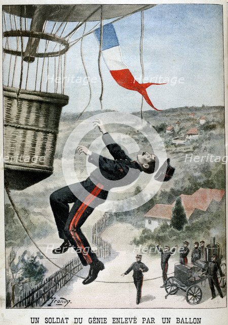 A soldier carried aloft by a Balloon, 1901. Artist: Unknown