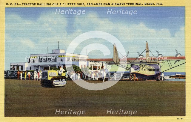 Tractor hauling out a flying boat, Pan-American Airways terminal, Miami, Florida, USA, 1937. Artist: Unknown