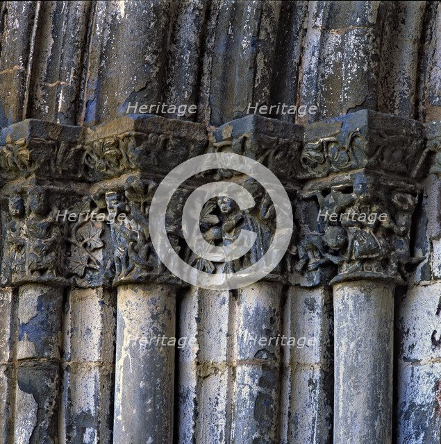 Church of Our Lady of Baldos in Montañana (Huesca), detail of the capitals of the main entrance w…