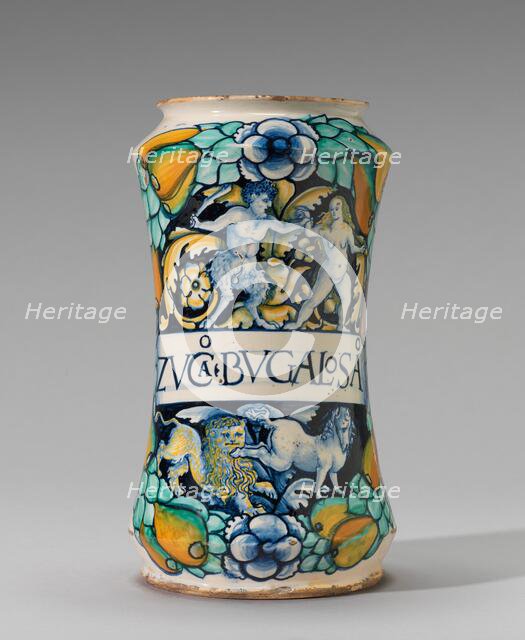 Albarello with nymph and satyr, 1507. Creator: Unknown.