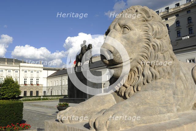 Reclining lion and statue of Prince Jozef Poniatowski, Presidential Palace, Warsaw, Poland, 2013 Creator: LTL.