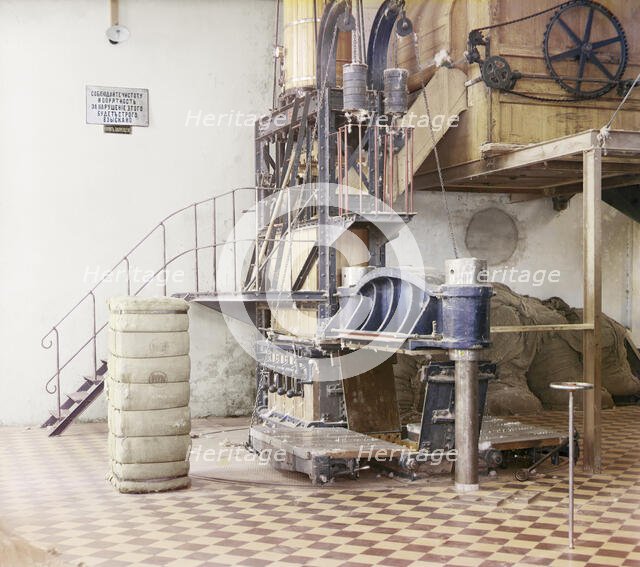 Cotton textile mill interior, probably in Tashkent, between 1905 and 1915. Creator: Sergey Mikhaylovich Prokudin-Gorsky.