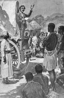 Scottish explorer and missionary David Livingstone preaching from a wagon, Africa, 19th century. Artist: Unknown