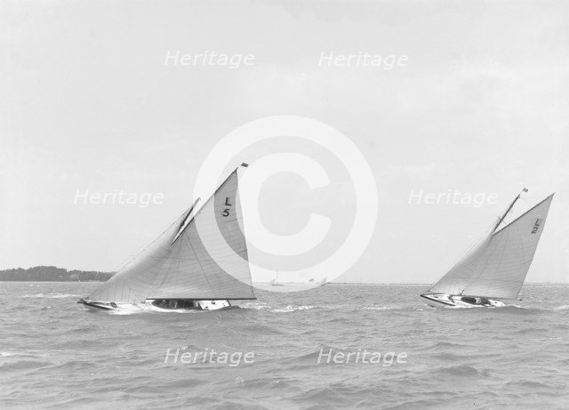 'Snowdrop' and 'Correnzia' racing up wind, 1911. Creator: Kirk & Sons of Cowes.