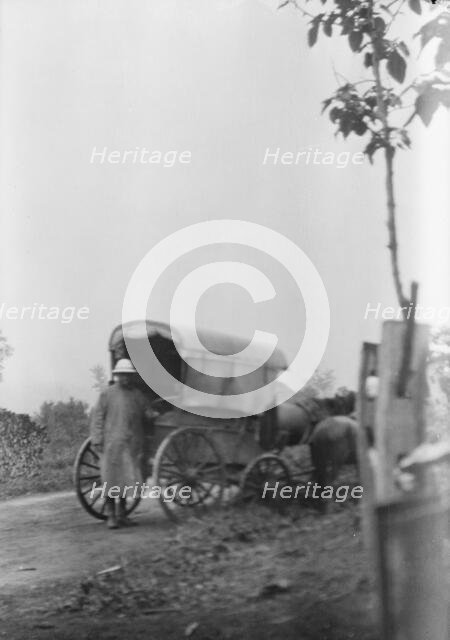 Man standing behind a horse-drawn wagon, Japan, 1908. Creator: Arnold Genthe.