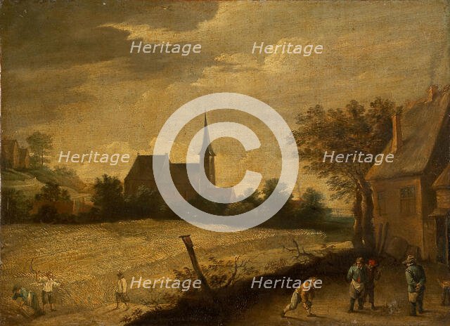 Landscape with Peasants Mowing and Bowling, c1700. Creator: David Teniers II.