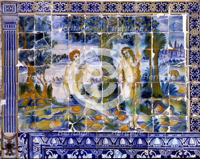 Tile panel with Adam and Eve in the paradise.