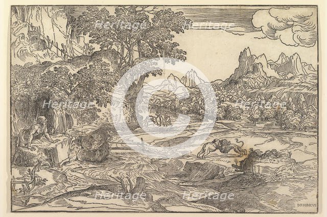 Landscape with Saint Jerome at left looking towards lion and bear fighting at cente..., ca. 1530-35. Creator: Domenico Campagnola.