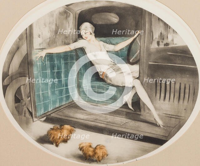 Woman in a Car with Two Pekinese, c1929. Creator: Icart, Louis Justin Laurent (1888-1950).