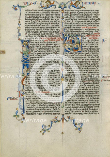Initial I: Obadiah; Initial V: Obadiah Offering Food; Abbey Bible, about 1250-1262. Creator: Unknown.