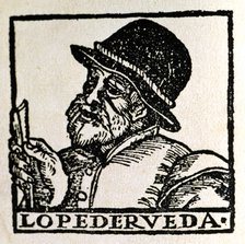 Lope de Rueda (1500-1565, Spanish playwright,  1567 engraving, on the cover of the book 'The Deli…