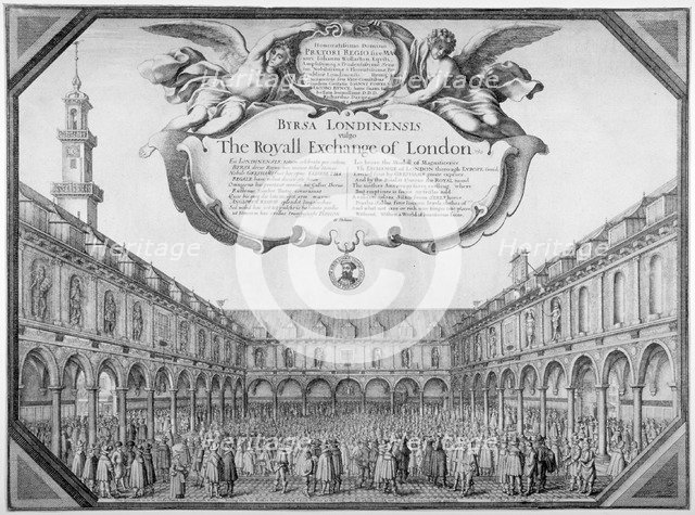 Interior view of the Royal Exchange filled with figures, City of London, 1644.                       Artist: Wenceslaus Hollar