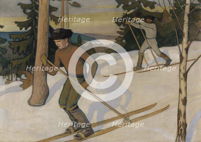 Boys Skiing, 1900. Creator: Vaino Blomstedt.