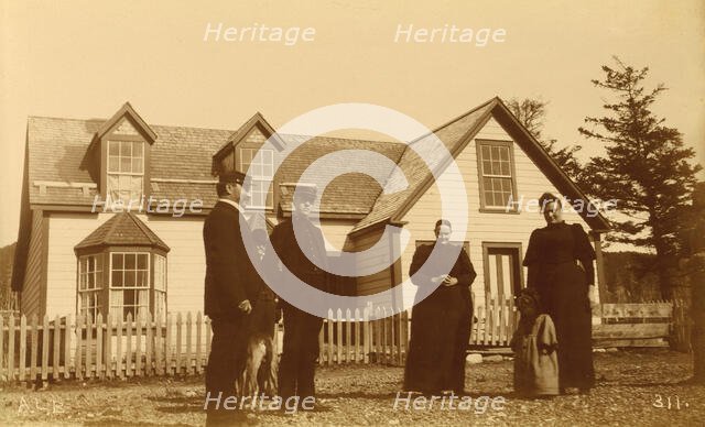 Unidentified group of people, three men, two women, a child and a dog standing in front..., 1894 &95 Creator: Alfred Lee Broadbent.