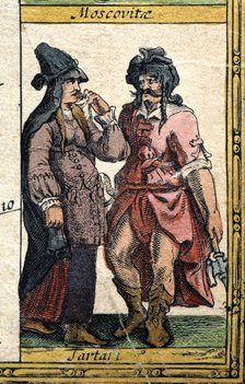 Tartar types, colored engraving from the book 'Le Theatre du monde' or 'Nouvel Atlas', 1645, crea…