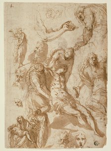 Sketches for a Lamentation and a Pietà, and of Various Figures, Heads..., 1580 (r); 1576/80 (v). Creator: Jacopo Palma.