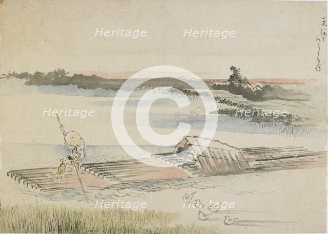 Landscape: boatman poling his raft, late 18th-early 19th century. Creator: Hokusai.