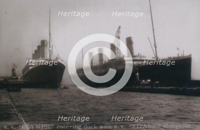 'S.S. 'Olympic' entering dock with S.S. 'Titanic' alongside', 1912. Artist: Unknown.