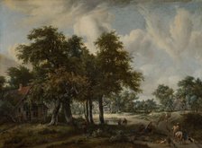 Wooded Landscape with Cottages, c1658-1709. Creator: Meindert Hobbema.