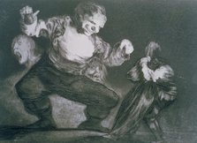 The Proverbs or The Follies, series of etchings by Francisco de Goya, plate 4: 'Bobalicón' (Simpl…