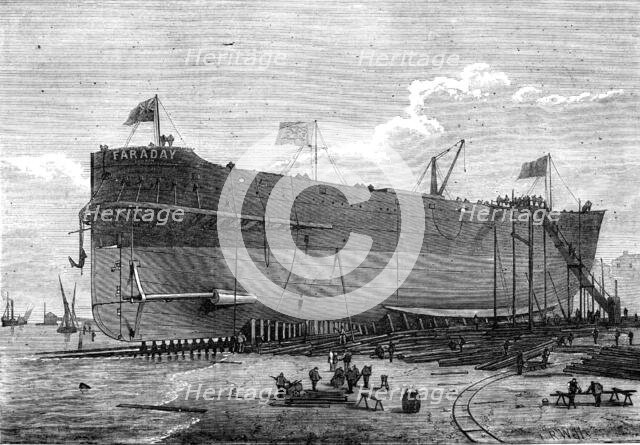 Launch of the Faraday, telegraph cable ship, 1874. Creator: Josiah Robert Wells.