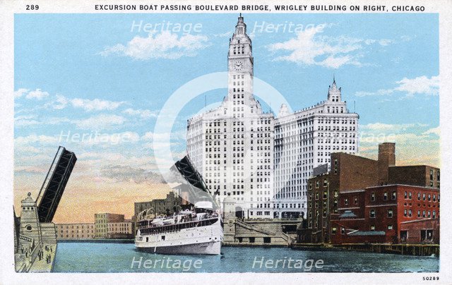 'Excursion Boat Passing Boulevard Bridge, Wrigley Building on Right, Chicago', postcard, c1924. Artist: Unknown