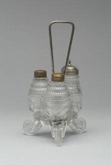 Jumbo/Elephant pattern cruet stand with three bottles, 1883/5. Creator: Canton Glass Company.