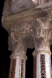 Detail of two inlaid mosaic capitals and columns of the Monreale Cathedral cloister in Sicily, No…