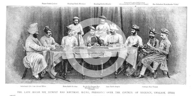 ''The Late Rajah Sir Gunpat Rao Khudkay K.C.S.I., Presiding over the Council of Regency, Gwalior, In Creator: Unknown.