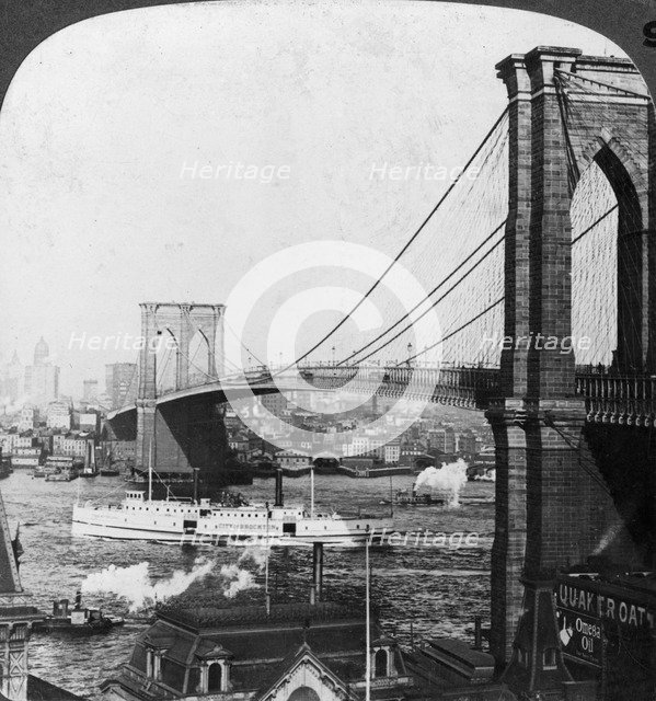 Brooklyn Bridge, New York, USA, early 20th century.Artist: Underwood & Underwood