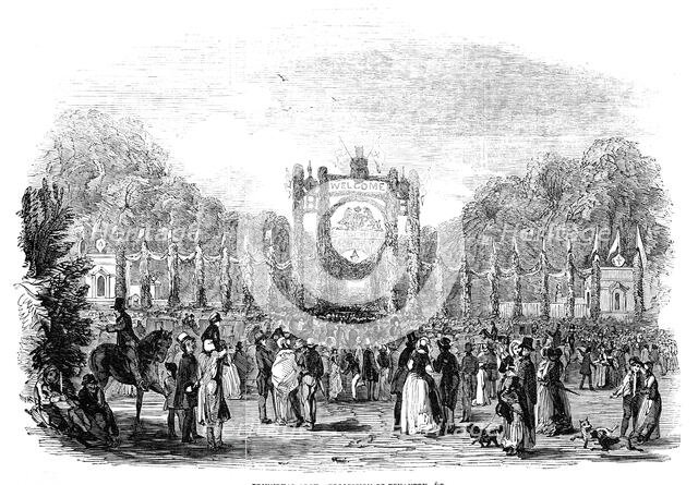 Grand festivities at Harewood House: triumphal arch - procession of tenantry etc, 1845. Creator: Unknown.