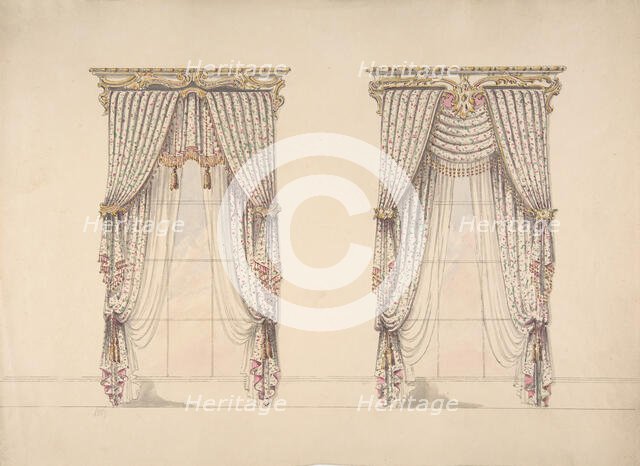 Design for Pink, Green and White Curtains with Pink and Gold Fringes and..., early 19th century. Creator: Anon.