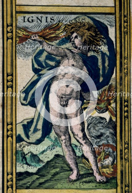  'Fire', coloured engraving from the book 'Le Theatre du monde' or 'Nouvel Atlas', 1645, created,…