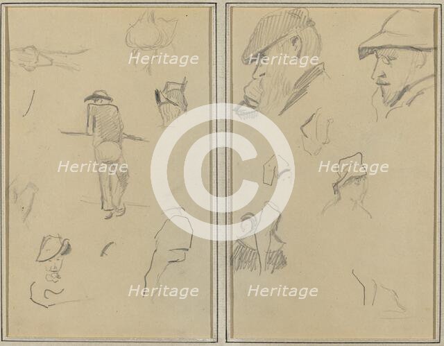 A Man Leaning on a Wall with Five Other Studies; Two Bearded Men Wearing..., [recto], 1884-1888. Creator: Paul Gauguin.