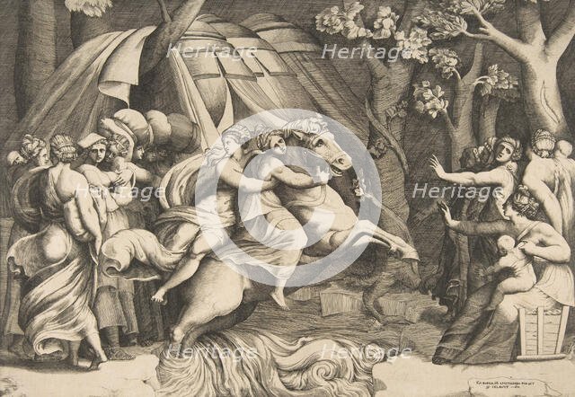 Cloelia on horseback crossing the Tiber, ca. 1540-60. Creator: Giulio Bonasone.