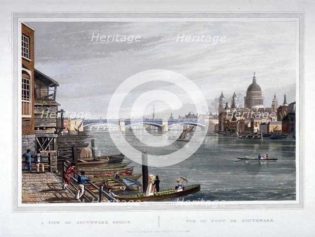 View of the east side of Southwark Bridge, London, 1820.                           Artist: Robert Havell 