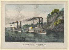 A Race on the Mississippi, 1870., 1870. Creators: Nathaniel Currier, James Merritt Ives, Currier and Ives.
