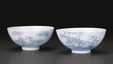 Pair of Teabowls with Bamboo, Qing dynasty, Yongzheng reign mark and period (1723-1735). Creator: Unknown.