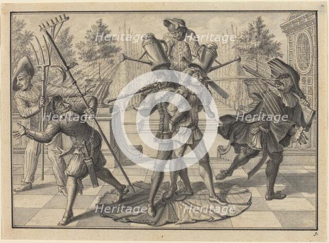 Harlequin and Scaramouche Create a "Fountain", 1729. Creator: Johann Jakob Schübler.