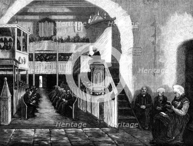 Preaching in a Norwegian church, at Rosendal, Hardanger-Fjord, 1881. Creator: H. Burkman.