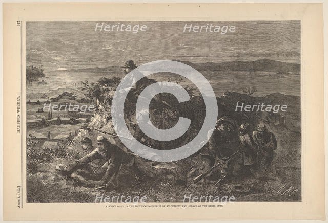 A Night Scout in the Southwest - Surprise of an Outpost, and Survey of the Rebel ..., April 4, 1863. Creator: Thomas Nast.